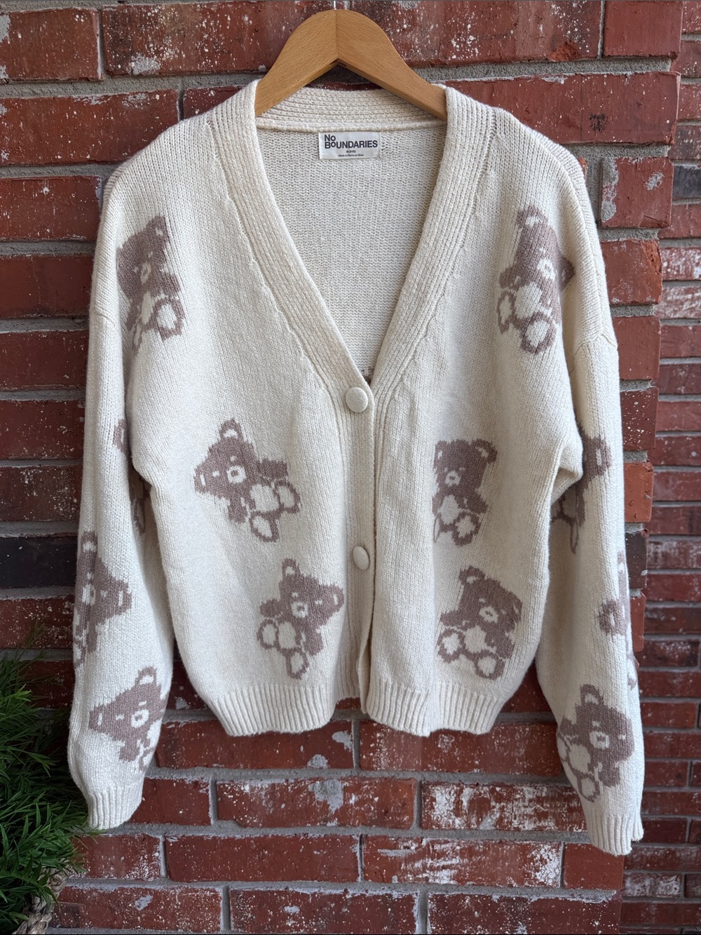 No Boundaries Cream Cardigan with Tan Teddy Bear Print